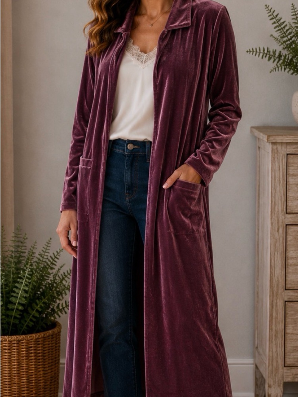 Pink Lily Velvet Long jacket in Mauve Plum